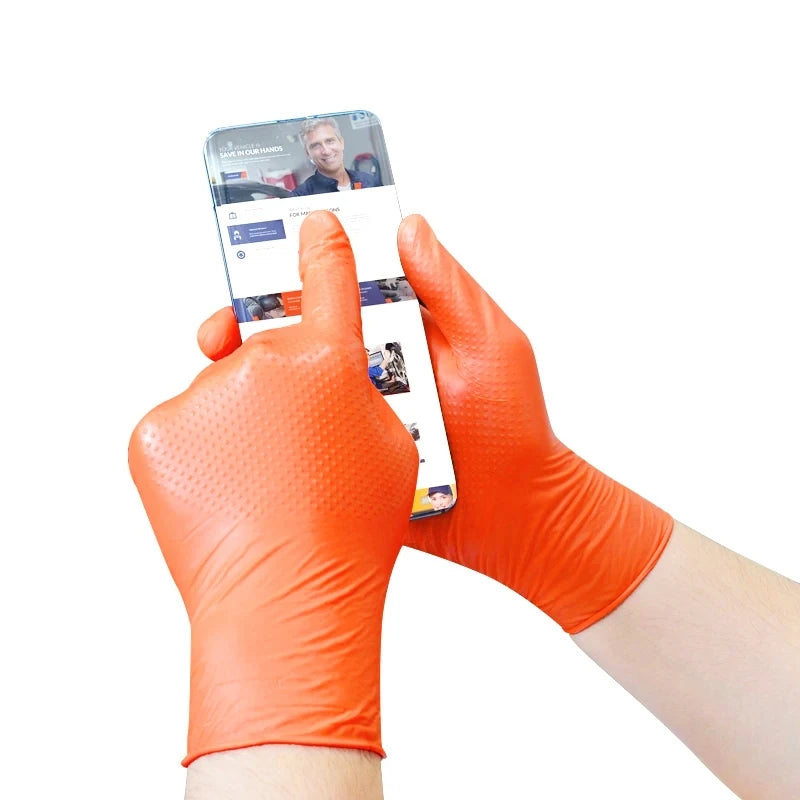 Heavy Duty Orange Nitrile Gloves Industrial Disposable Gloves with Textured Grip