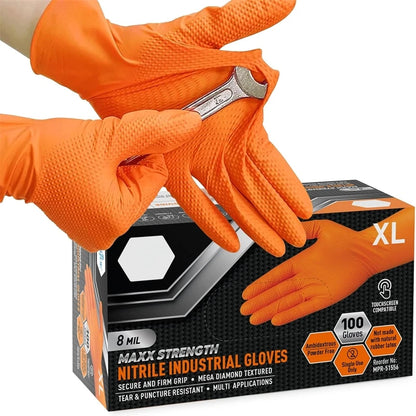 Heavy Duty Orange Nitrile Gloves Industrial Disposable Gloves with Textured Grip