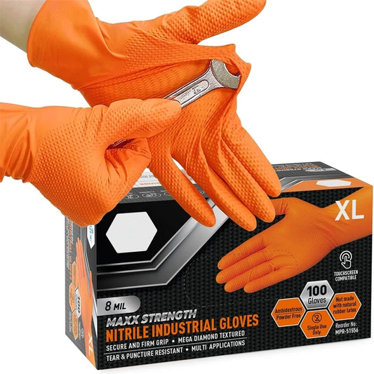 Heavy Duty Orange Nitrile Gloves Industrial Disposable Gloves with Textured Grip