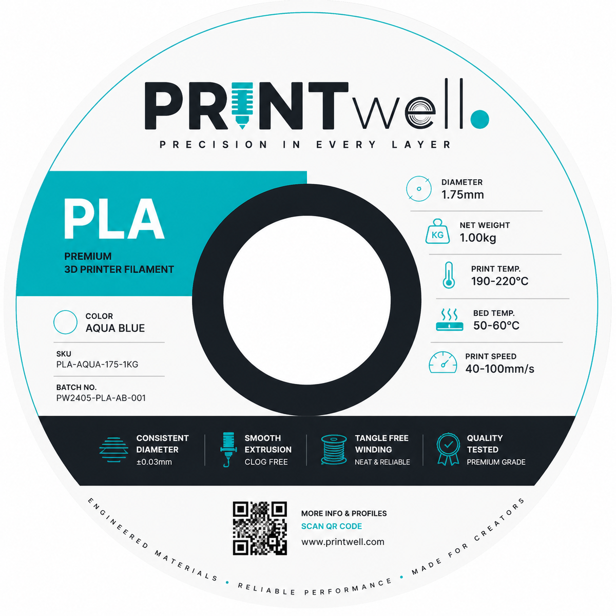 Printwell PLA Aqua Blue filament label with specifications